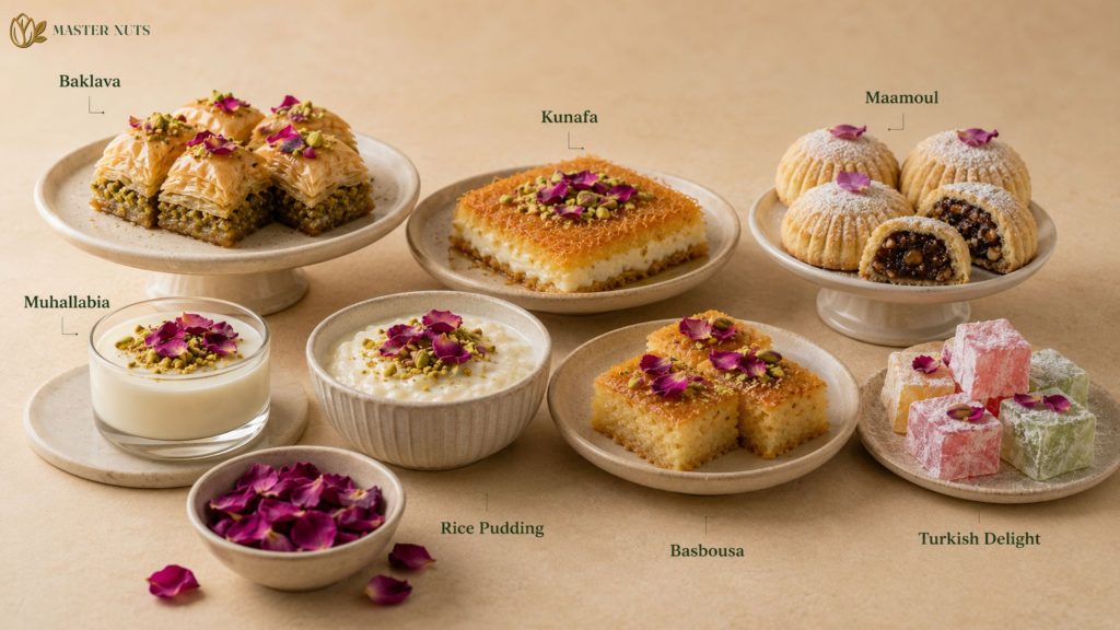 Arabic sweets and traditional desserts decoration with edible rose petals