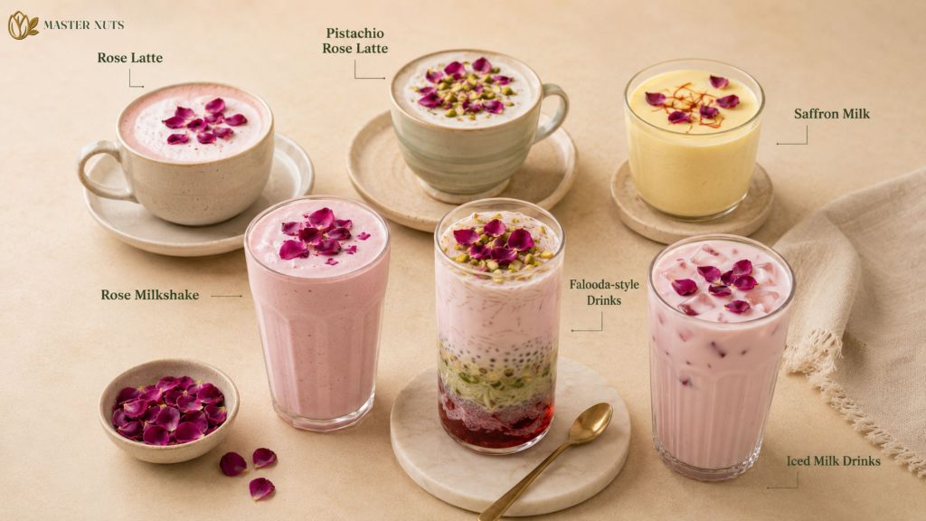 milk-based drinks with edible rose petals