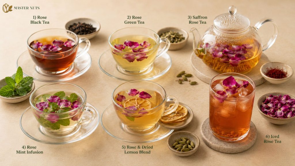 rose tea and herbal drinks with edible rose petals