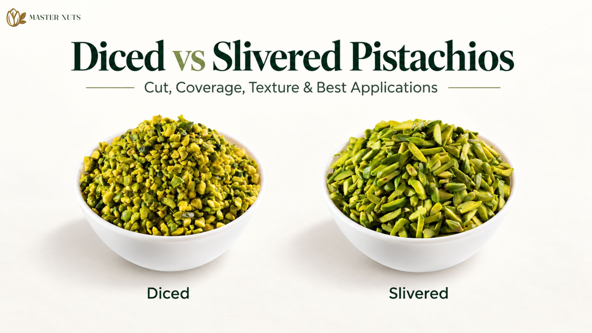 Diced vs slivered pistachios: cut, coverage, texture and best applications
