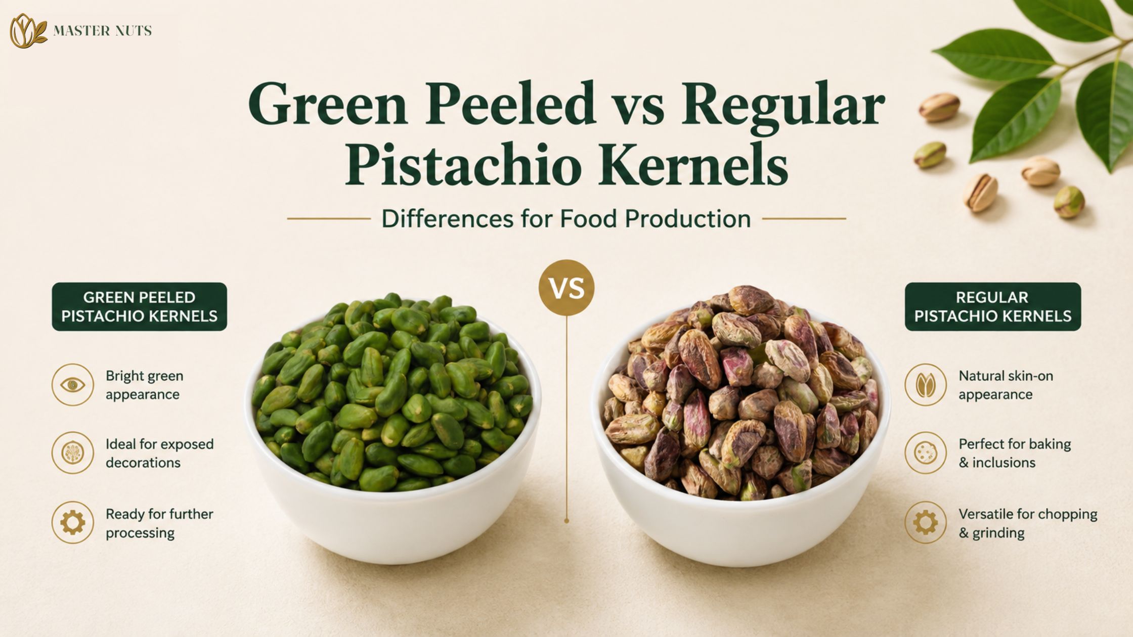 Green peeled vs regular pistachio kernels: differences for food production