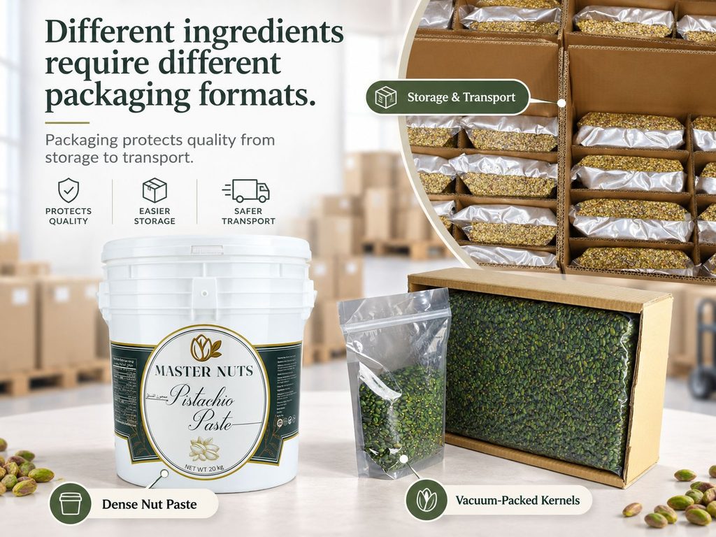Bulk pistachio paste and vacuum-packed pistachio kernels in different packaging formats for storage and transport.