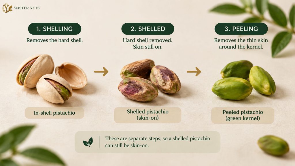 Pistachio shelling and peeling process showing in-shell, skin-on and peeled green pistachio kernels