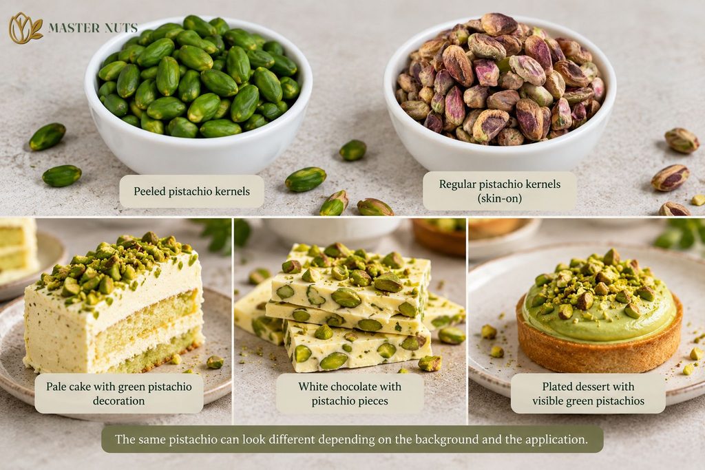 Peeled green pistachio kernels compared on pale cake, white chocolate and plated dessert applications